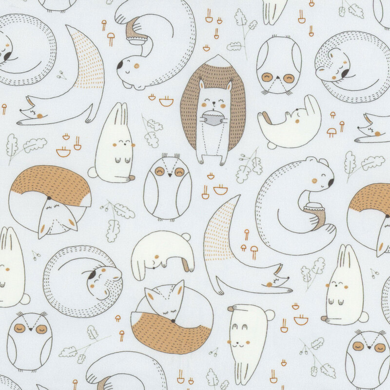 A pale gray fabric with cute illustrations of small animals and little sprigs all over