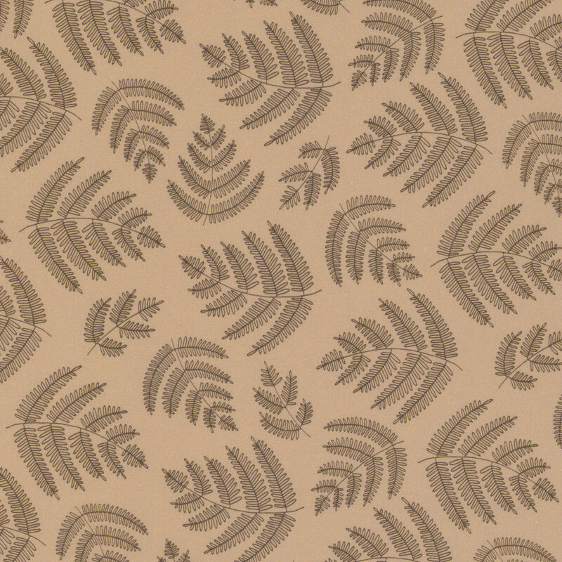 A light khaki fabric with tossed dark brown illustrated fern sprigs