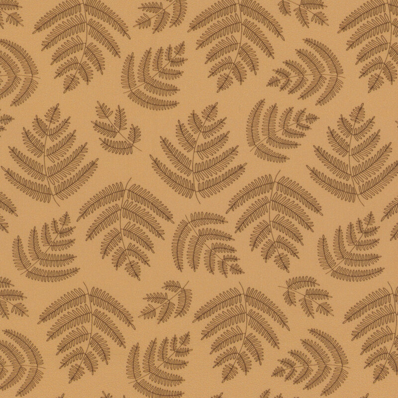 A light tan fabric with tossed dark brown illustrated fern sprigs
