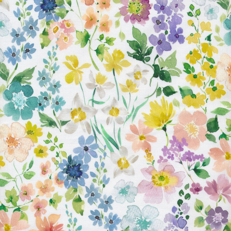 A solid white fabric covered in multi colored pastel florals