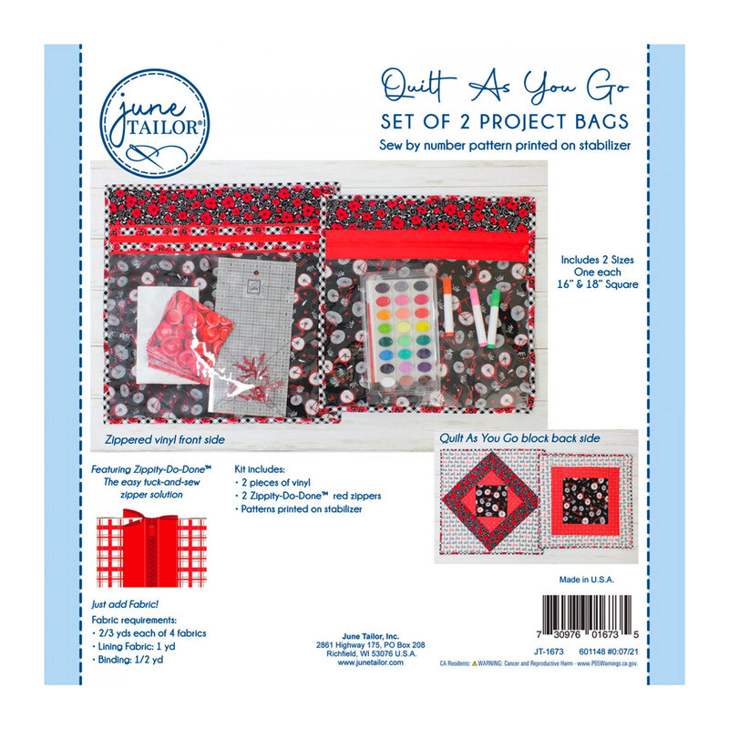 image of front side of project bag kit showing a finished project with a red zipper