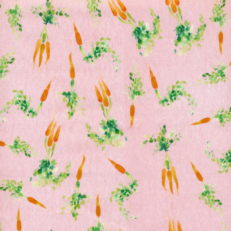A light pink fabric covered in bunches of carrots