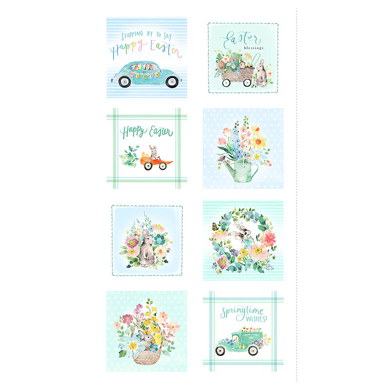 A spring themed pastel block panel featuring scenes of tractors, trucks, cars, and clusters of flowers