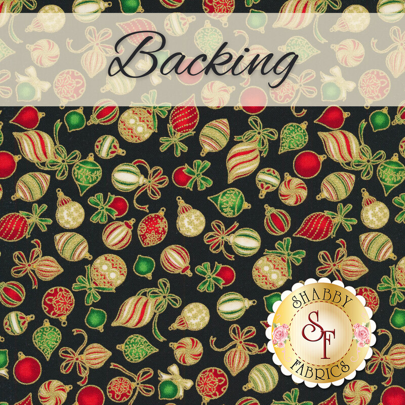 A swatch of black fabric with small tossed baubles in cream, green, and red with gold metallic accents. A translucent white banner at the top reads 