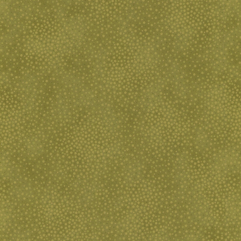 Olive green tonal fabric with meandering dots and spots all over a mottled background