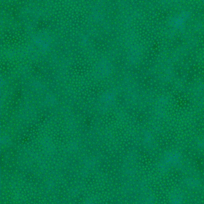 Medium green tonal fabric with meandering dots and spots all over a mottled background