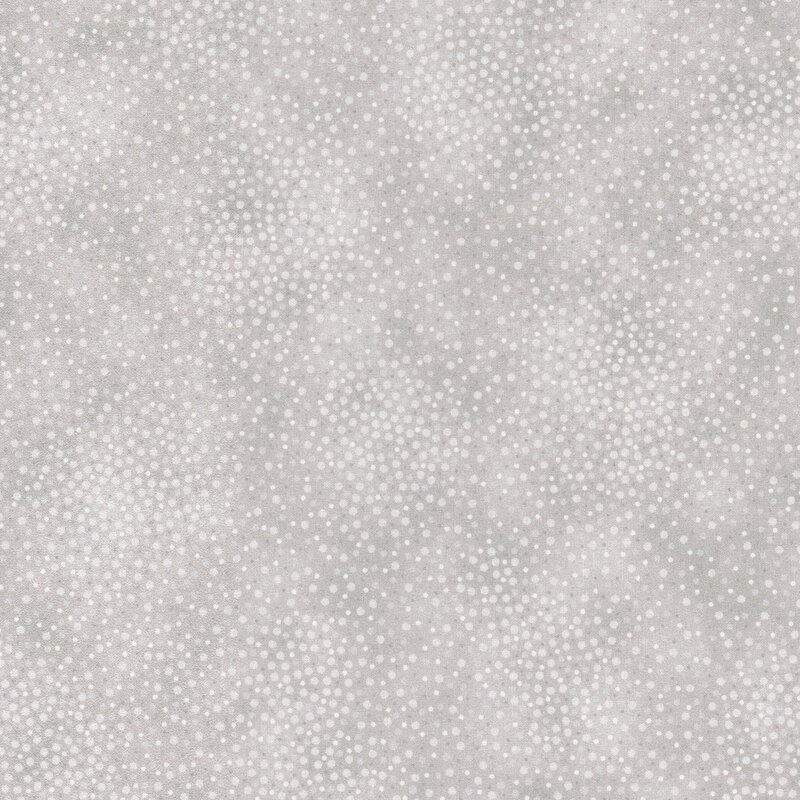 Pale gray tonal fabric with meandering dots and spots all over a mottled background