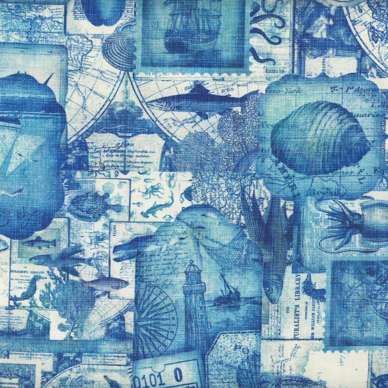 A cerulean and white nautical themed collage fabric with a distressed texture look