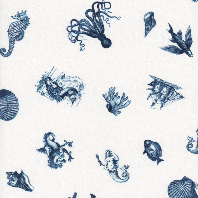A white fabric with navy blue tossed sea monsters, sea horses, and sailboats.
