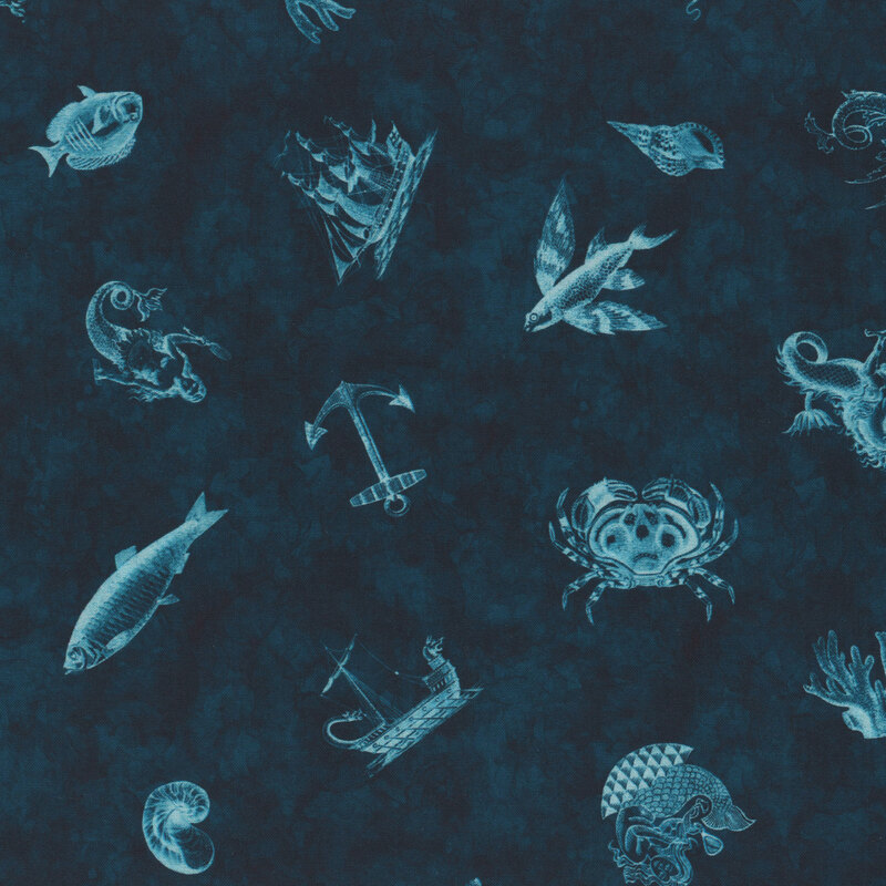 A mottled navy fabric with aqua outlines of sea monsters, sea horses, and sailboats.