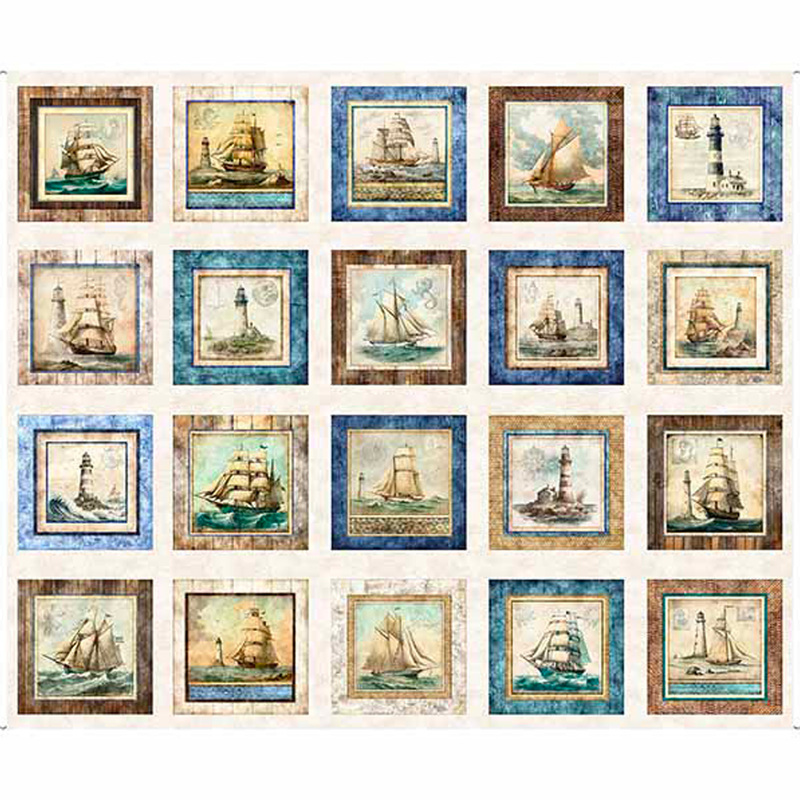 A white fabric with multiple blocks featuring nautical themed scenes