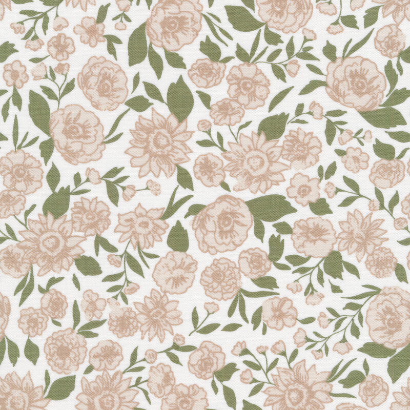 A white fabric with green leaves and cream colored roses and sunflowers all over