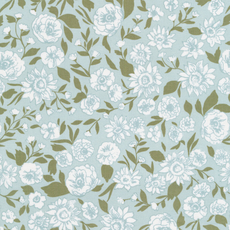Light blue fabric with white roses and sunflowers and green leaves and vines