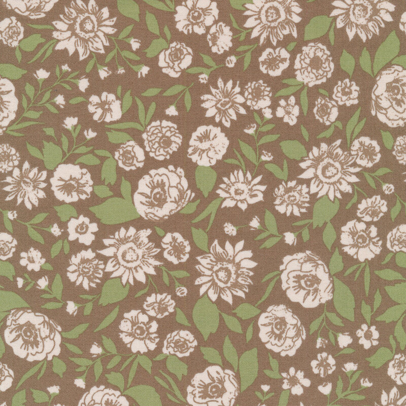 Brown fabric with white roses and sunflowers and green leaves and vines