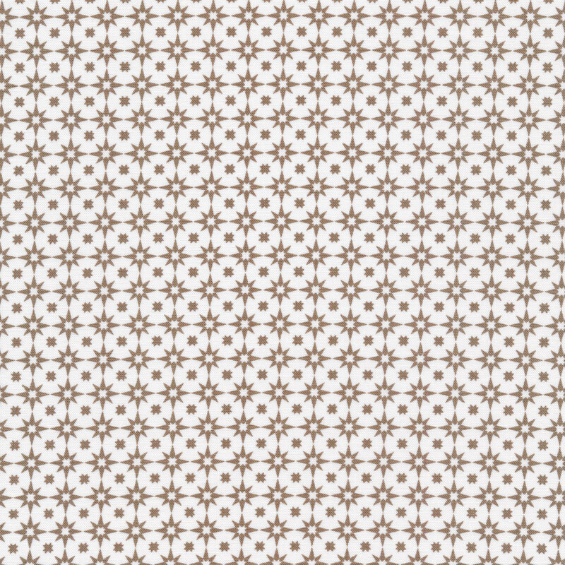 White fabric with brown connected stars all over.