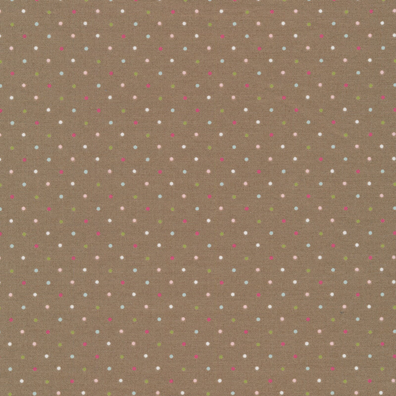 Brown fabric with small white, green, and pink polka dots all over