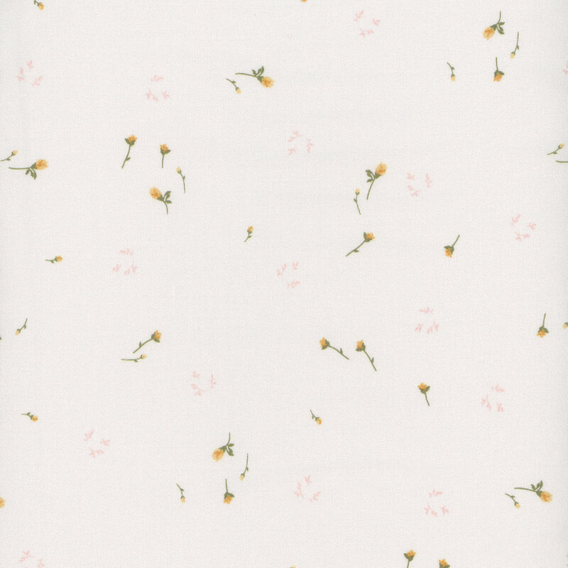 An off white fabric with small tossed floral sprigs scattered throughout
