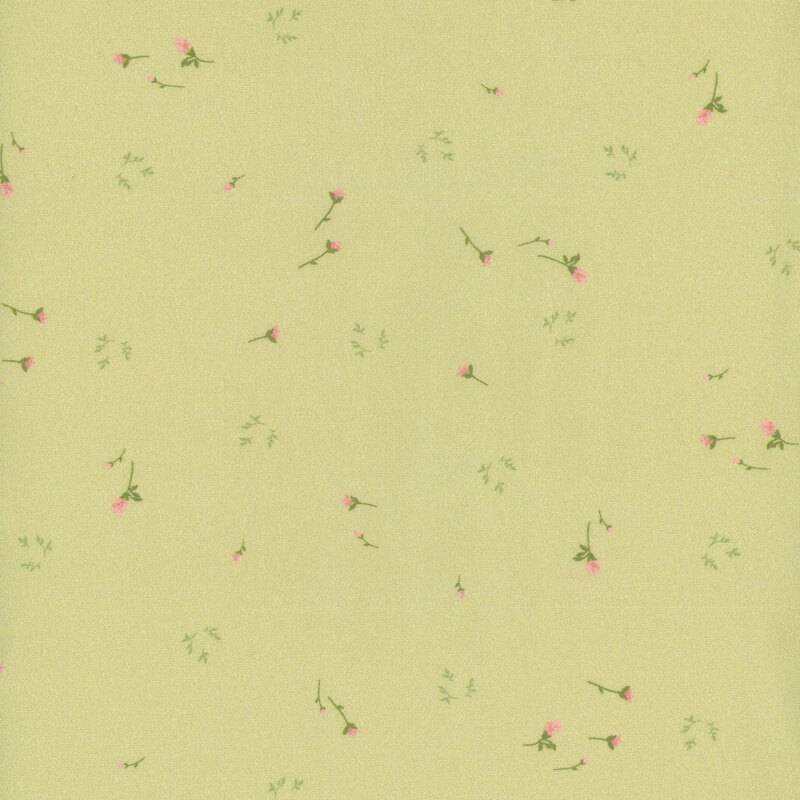 A green fabric with small tossed floral sprigs scattered throughout