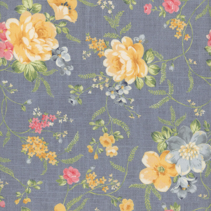 A blue gray fabric with a subtle burlap texture and colorful roses and other flowers with green vines