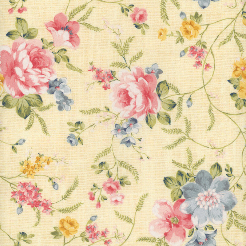 A pale yellow fabric with a subtle burlap texture and colorful roses and other flowers with green vines