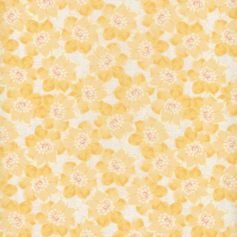An off white texture fabric with packed bright yellow florals all over