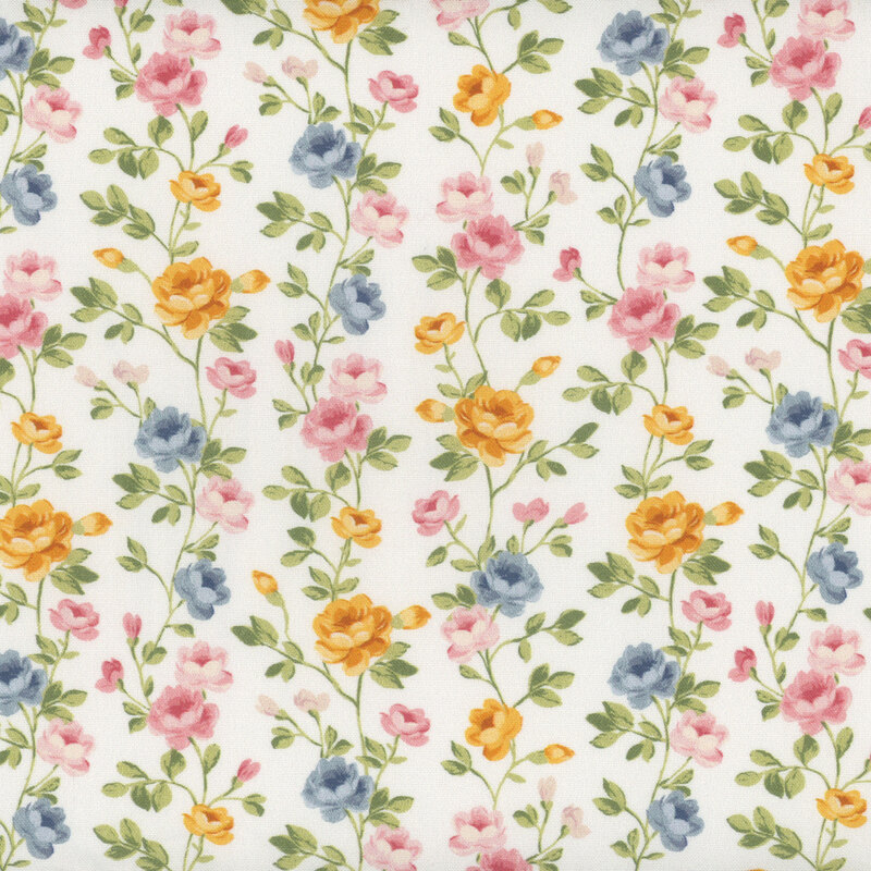 An off white fabric with green vines full of pink, yellow, and blue roses.