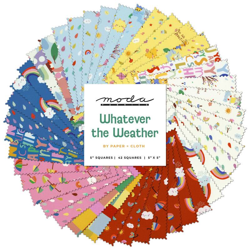Composite image of all of the fabrics in the Whatever the Weather Charm Pack