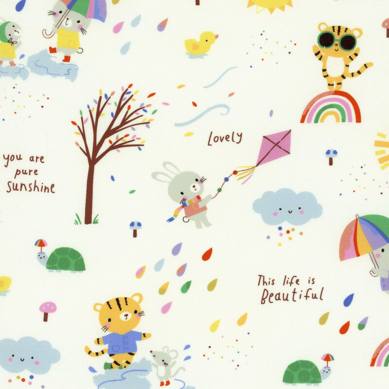 A solid white fabric with adorable little animals playing in the rain, flying kits, smiling suns and clouds, turtles, and ducks on a white background