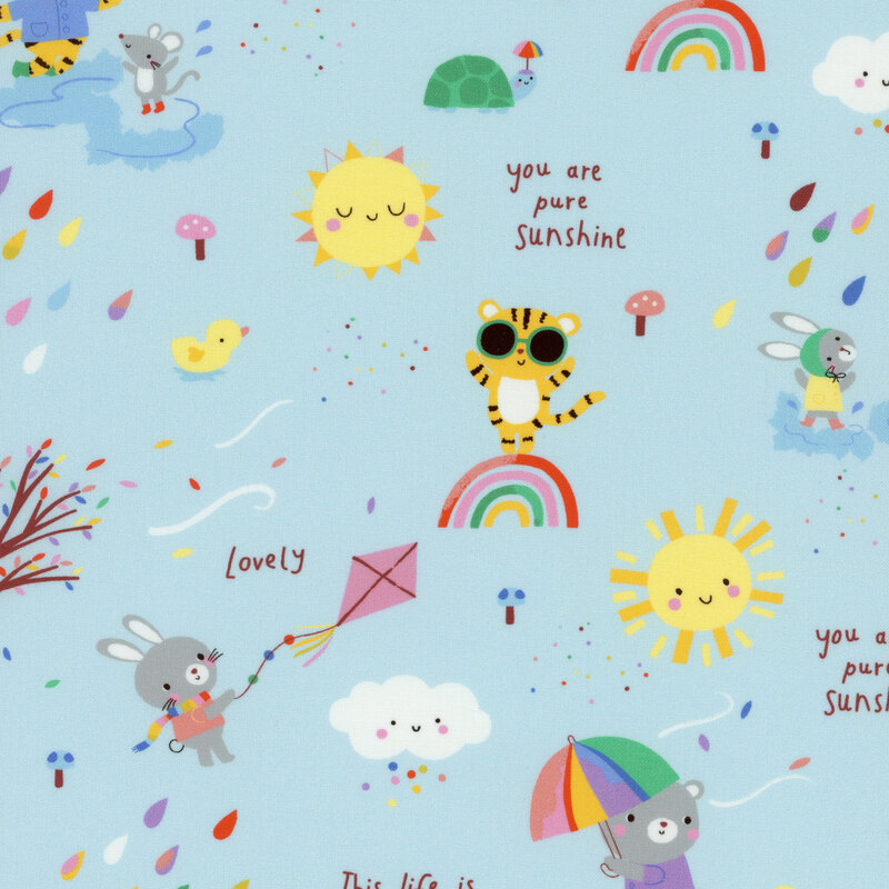 A solid light blue fabric with adorable little animals playing in the rain, flying kits, smiling suns and clouds, turtles, and ducks