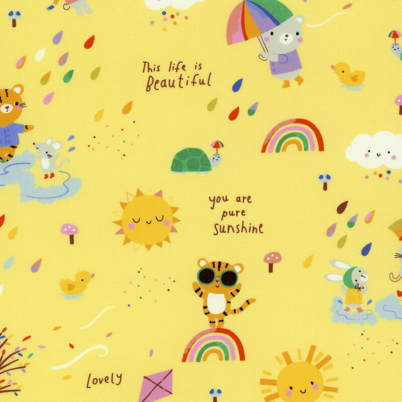 A solid yellow fabric with adorable little animals playing in the rain, flying kits, smiling suns and clouds, turtles, and ducks