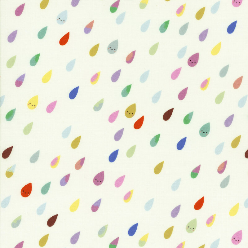 A solid white fabric with colorful smiling raindrops all over