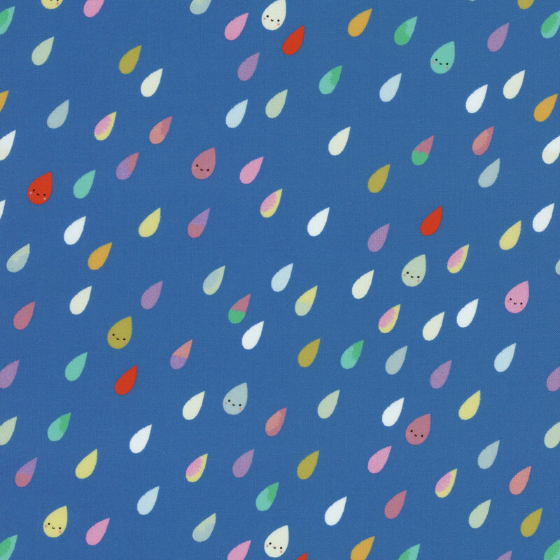 A solid blue fabric with colorful smiling raindrops all over