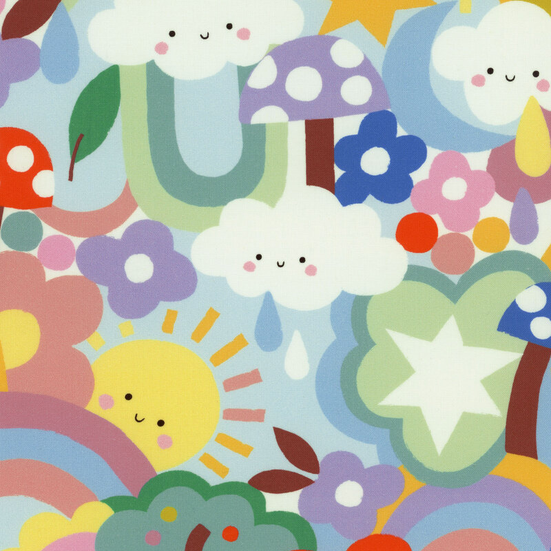 Colorful children's fabric with smiling rain clouds, flowers, smiling suns, mushrooms, and other shapes packed on a pale blue background