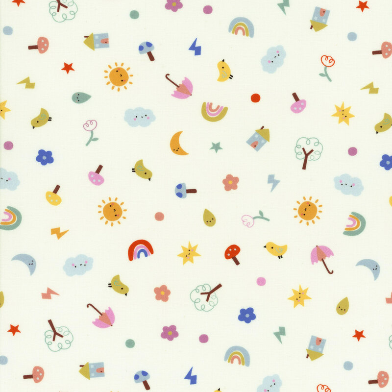 Children's fabric with tossed ditsy moons, clouds, rainbows, mushrooms, flowers, and other fun motifs on a white background