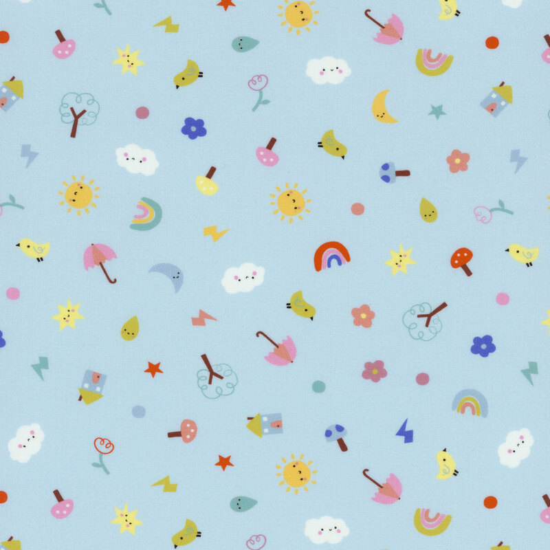 Children's fabric with tossed ditsy moons, clouds, rainbows, mushrooms, flowers, and other fun motifs on a light blue background