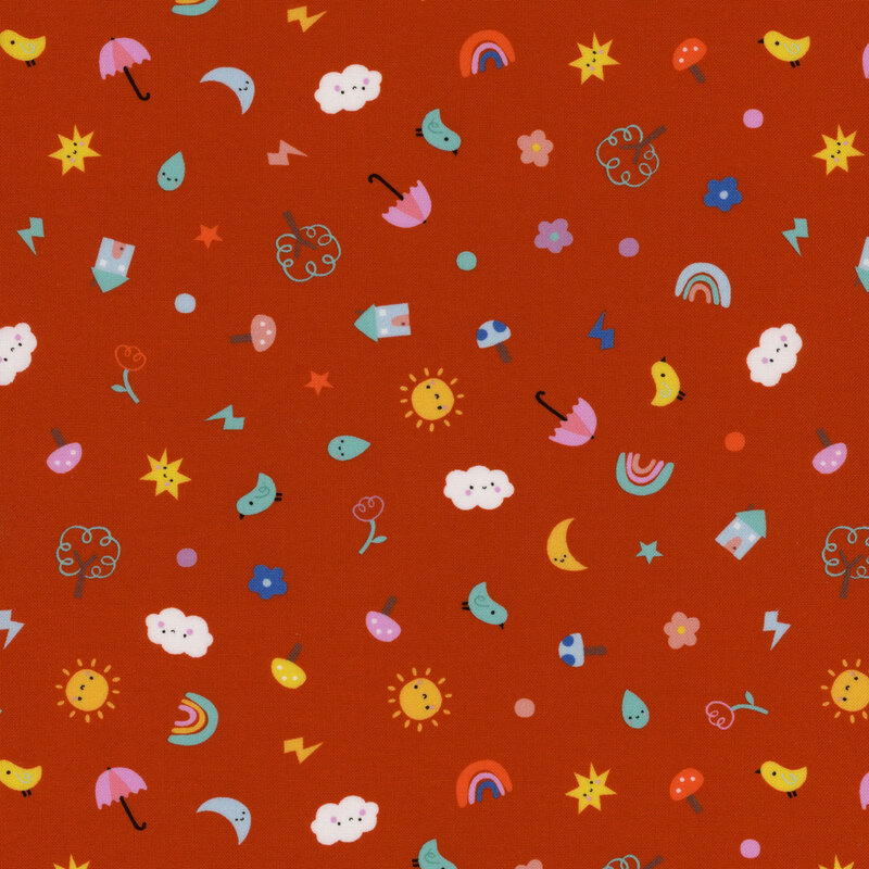 Children's fabric with tossed ditsy moons, clouds, rainbows, mushrooms, flowers, and other fun motifs on a red background