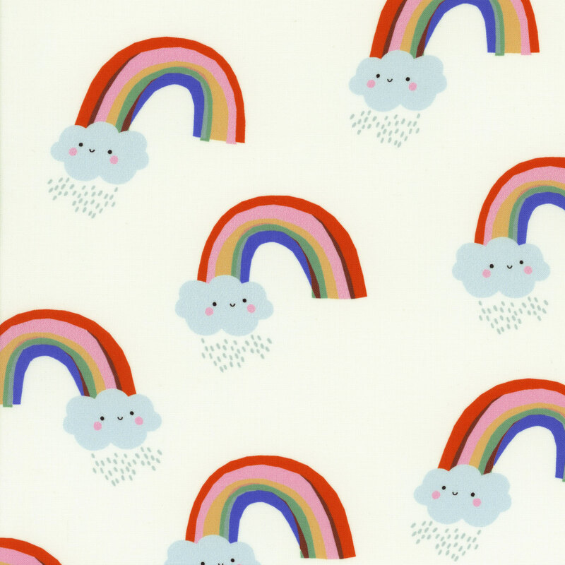 Children's fabric with smiling rainclouds and rainbows on a white background