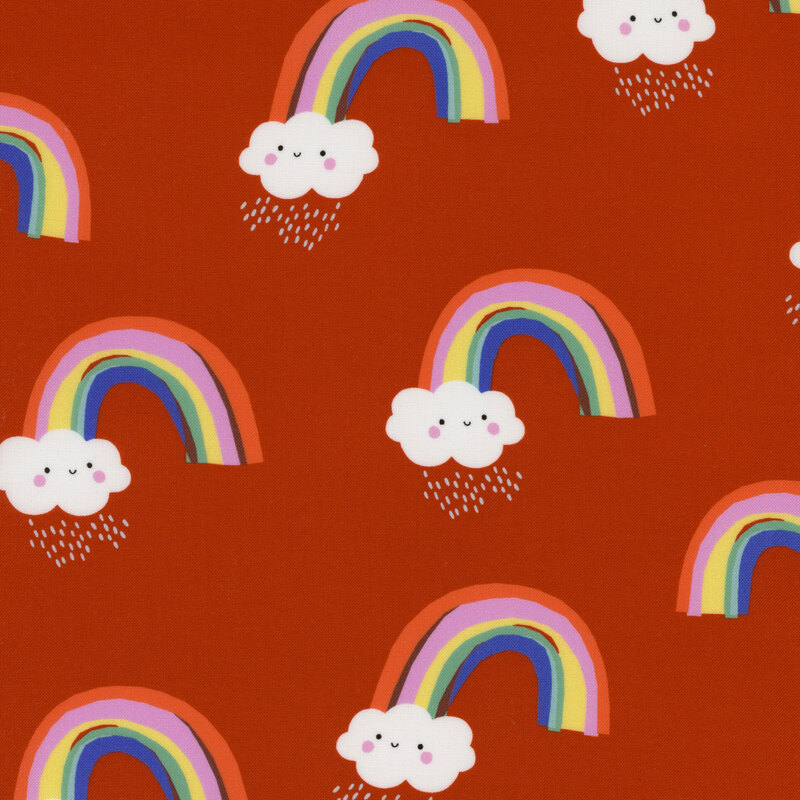 Children's fabric with smiling rainclouds and rainbows on a red background
