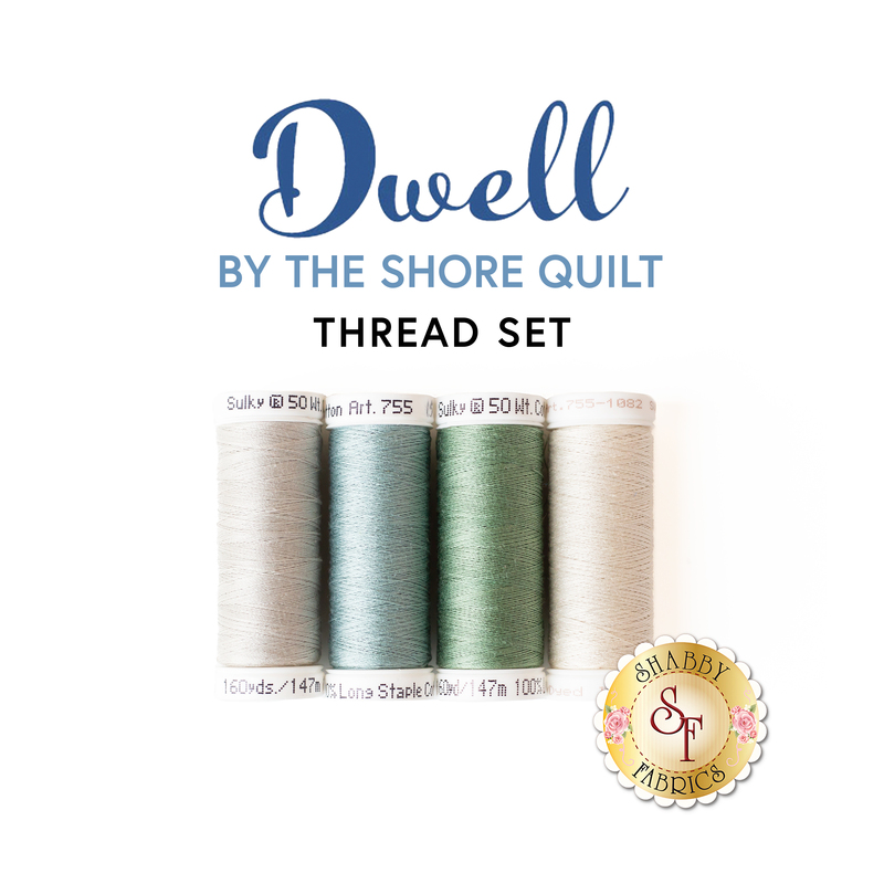 Photo of a four piece thread set with neutral, green, and blue threads and the words 