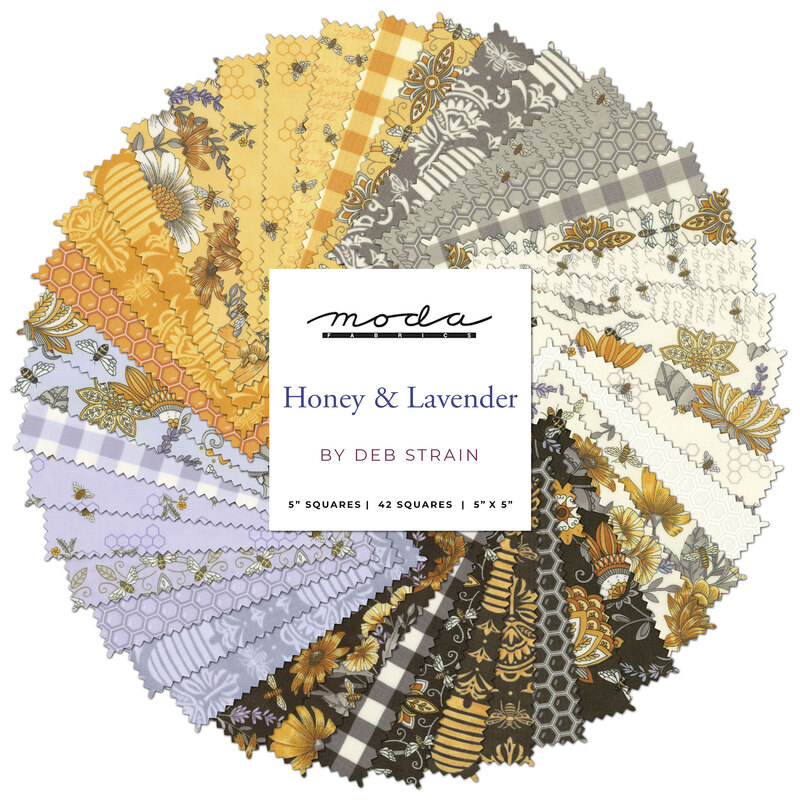 Composite image of all of the fabrics in the Honey & Lavender Charm Pack, ranging from cream to gray to yellow to lavender to charcoal