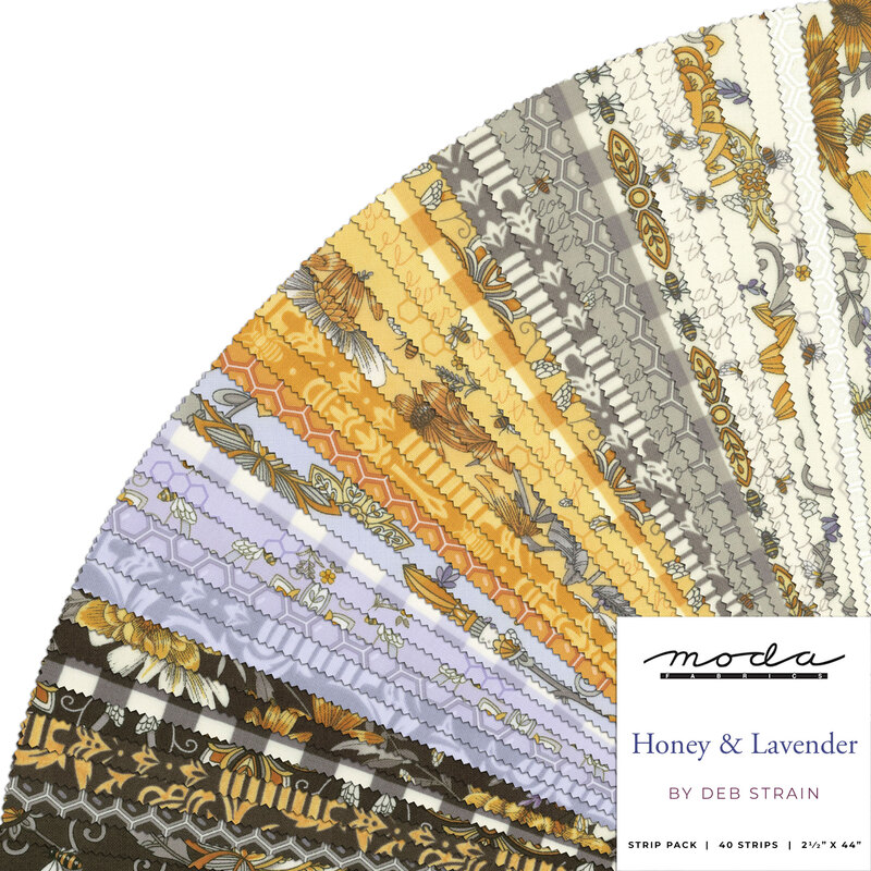 Composite image of all of the fabrics in the Honey & Lavender Jelly Roll, ranging from cream to gray to yellow to lavender to charcoal