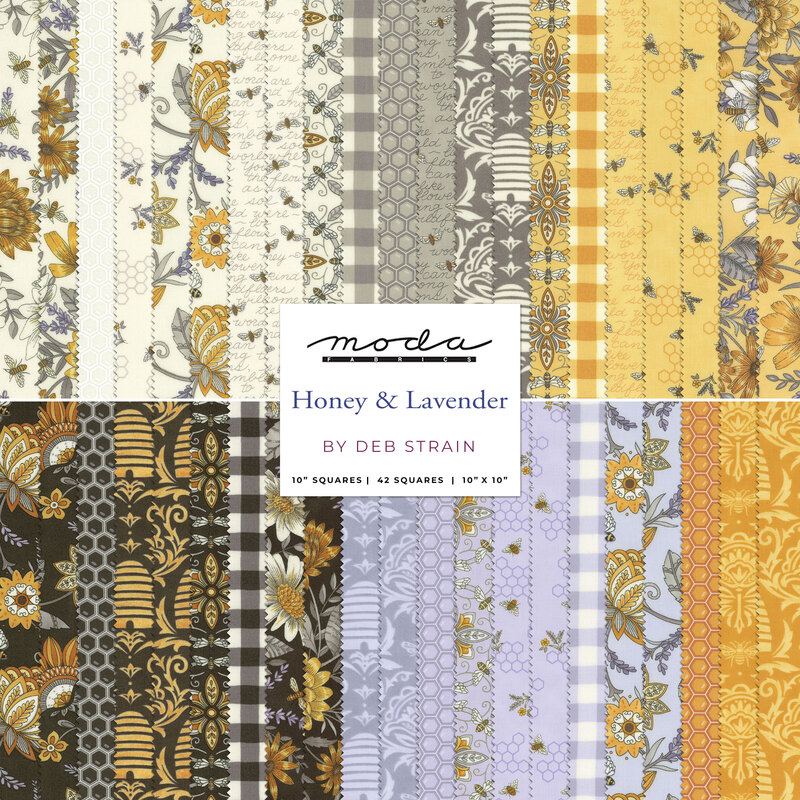 Composite image of all of the fabrics in the Honey & Lavender Layer Cake, ranging from cream to gray to yellow to lavender to charcoal