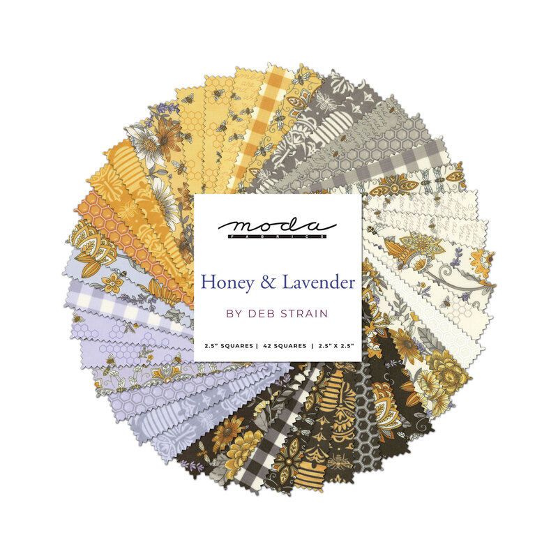 Composite image of all of the fabrics in the Honey & Lavender Mini Charm Pack, ranging from cream to gray to yellow to lavender to charcoal