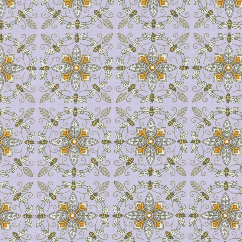 Lavender fabric with ornate yellow and grey tiles made from bees and flowers