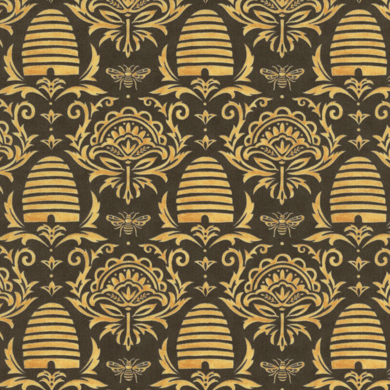 dark grey fabric with damask, beehive, and honey bee designs on it
