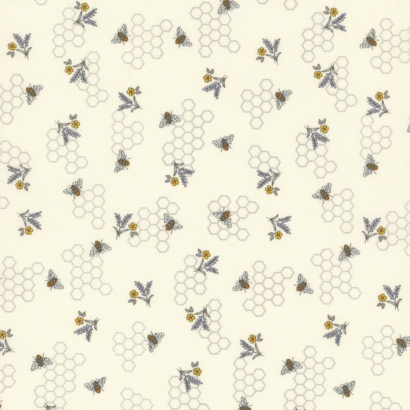 Light cream fabric with scattered honeycomb and summery bouquets and bees buzzing across it