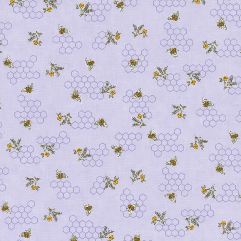 light lavender fabric with scattered honeycomb and summery bouquets and bees buzzing across it