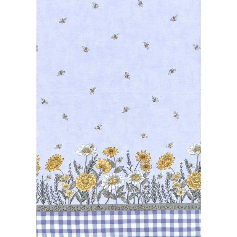 light blue border print fabric with yellow flower, grey plaid, and buzzing bees
