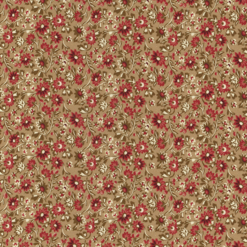 A sandy brown fabric with small red flowers all over