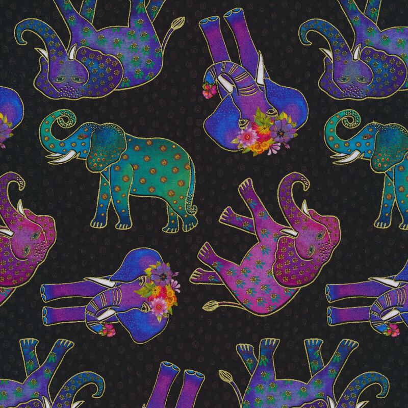 Fabric with vibrant multicolored elephants on a black background.